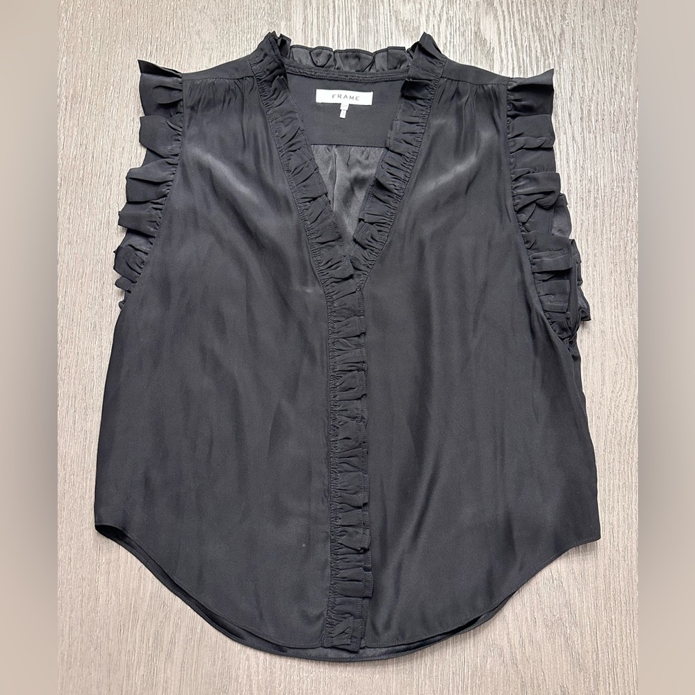 FRAME 100% Silk Ruffle Sleeveless Top – Black (Size S) - Picture 3 of 10